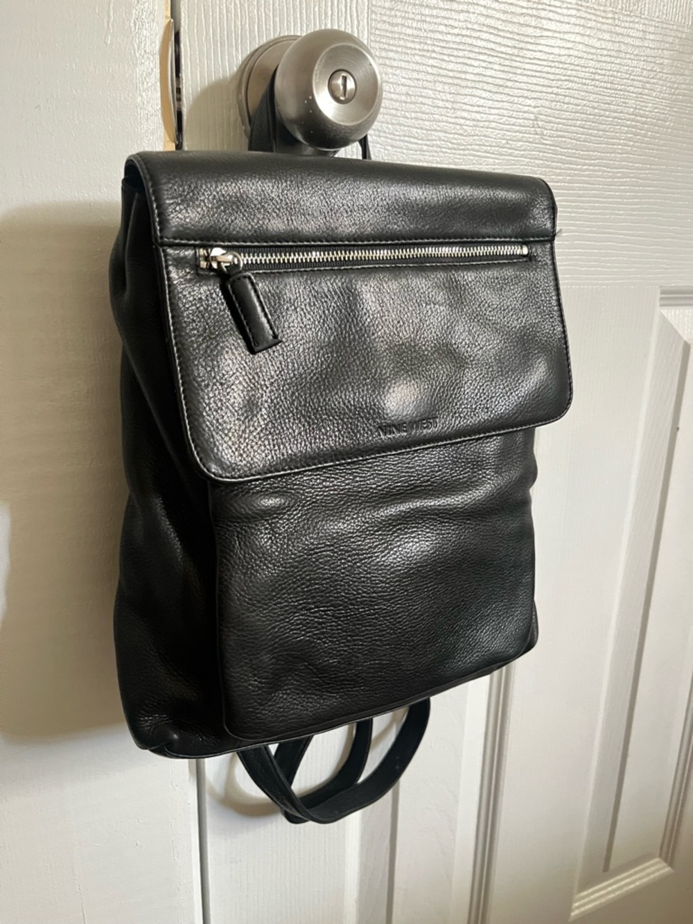Vintage Nine West Classic Black Leather Backpack Purse with Front Zip Flap